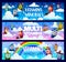 Cartoon vitamin wizard characters on clouds banner