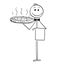 Cartoon of Waiter Holding Silver Plate or Tray with Pizza