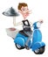 Cartoon Waiter on Scooter Moped Delivering Food