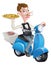 Cartoon Waiter on Scooter Moped Delivering Pizza