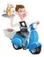 Cartoon Waiter on Scooter Moped With Hot Dog