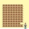 Cartoon warehouse, giant stock supply with little man standing around holding box. Storage place infographics elements