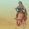Cartoon warrior in armor on horseback in the village