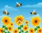 Cartoon wasp flying over sunflower field