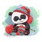 Cartoon watercolor panda knits a scarf. Logo for knitting needlework in the style of hand drawing. Vector illustration