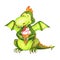 Cartoon watercolour dragon, ice cream eathing dragon. Green dinosaur. Funny and friendly baby tyrannosaurus smiling