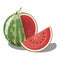 Cartoon watermelon. Sliced sweet watermelon. Pieces of juicy fruit. Summer vitamin fruit. Illustration for children.