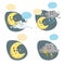 Cartoon weather characters set. Friendly crescent moon, rain cloud with raindrops and thunderstorm cloud with lightning. Speech b