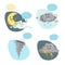 Cartoon weather characters set. Friendly crescent moon, rain cloud with raindrops, thunderstorm cloud with lightning and tornado.