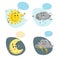 Cartoon weather characters set. Friendly sun, rain cloud with raindrops, crescent moon and thunderstorm cloud with lightning. Spee