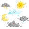 Cartoon weather mascots set. Comic anime style characters. Sun, clouds, rain, crescent, thunderstorm. Vector illustrations