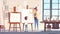 Cartoon web banner, education for kids. A teacher and child are seated in front of an easel during a painting lesson