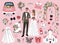 Cartoon wedding elements. Romantic party objects, bride and groom accessories, couple in love, married people, newlyweds