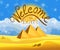 Cartoon Welcome to Egypt concept. Egyptian pyramids in the desert with blue cloudy sky