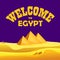 Cartoon Welcome to Egypt concept. Egyptian pyramids in the desert with night sky