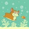 Cartoon welsh corgi dog diving in the ocean