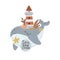 cartoon whale, lighthouse, decor elements. Colorful illustration for kids. flat style.