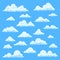 Cartoon white clouds. Blue sky with different cloud shapes. Cute summer cloudscape, cloudy landscape vector comic book