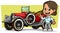 Cartoon white cute flat smiling brunette girl character with retro vintage luxury red convertible car with spare wheel on yellow