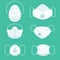 Cartoon White Face Pollution Mask Icon Set. Vector