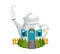 Cartoon white kettle or teapot gnome house