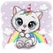 Cartoon white Kitten with the horn of a unicorn