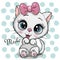 Cartoon white Kitten with a pink bow on a dots background