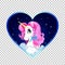 Cartoon white unicorn head portrait inside of night sky heart background