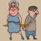 Cartoon wife with rolling pin stands next to frightened husband