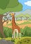 Cartoon wild animals. Big giraffe with long neck stands and eats leaves