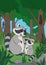 Cartoon wild animals. Mother raccoon stands with her little cute baby and smiles in the forest