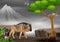 Cartoon wildebeest walking under the rain