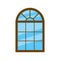 Cartoon window. Wood brown frame with glass. Flat square windowpane. Icon for house, exterior and decoration. Single wooden