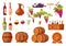 Cartoon wine. Alcohol bottles and barrels, wooden corkscrew, bunch of grapes and glasses of wine isolated vector set