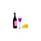 Cartoon wine and cheese. Hand drawn bottle and glass, red liquid in wineglass, cheese and grape alcoholic drink collection, modern