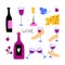 Cartoon wine. Hand drawn bottle and glass, hands hold wineglass, corkscrew cheese and grape, alcoholic drink collection, modern