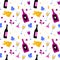 Cartoon wine seamless pattern. Hand drawn bottle and glass, hands hold wineglass, corkscrew cheese and grape, alcoholic drink