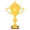 Cartoon winner cup object. Golden trophy with crown. Prize, success, competition, achievement, congratulations concept