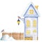 Cartoon Winter House, brown wooden fence with snow, luminous Street Lamp, snowdrifts and Bullfinch bird couple. Front