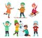 Cartoon winter kids. Children play in winters holiday, sledding and making snowman. Childrens characters vector set