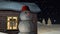 Cartoon winter landscape with houses, snowmen and falling snow. 3d animation