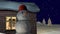 Cartoon winter landscape with houses, snowmen and falling snow. 3d animation