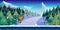 Cartoon winter landscape with ice, snow and cloudy sky. vector nature background for games.