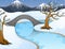 Cartoon winter landscape with mountains and small stone bridge over river