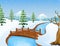 Cartoon winter landscape with mountains and small wooden bridge over river