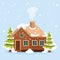 Cartoon winter landscape scene with wooden house, pine trees and snow mountains.