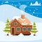 Cartoon winter landscape scene with wooden house, pine trees and snow mountains.