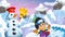 Cartoon winter nature scene with happy snowman and boy kid on snowboard - illustration