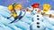 Cartoon winter nature scene with happy snowman and child girl skiing - illustration
