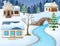 Cartoon winter rural landscape with houses and stone bridge over river